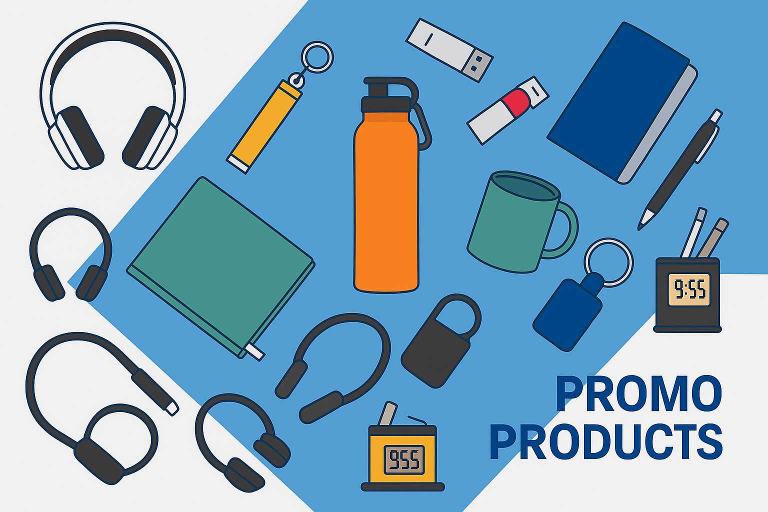 Flat 2D illustration of promotional products including mugs, bottles, pens, stickers, and tech gadgets.