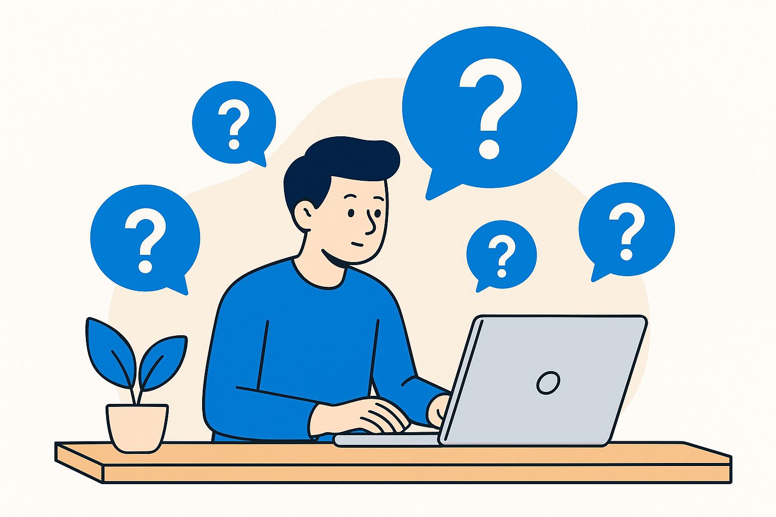 Flat 2D illustration in landscape format on a white background, showing a young person with a laptop surrounded by large question marks and chat bubbles, symbolising FAQs and finding answers.