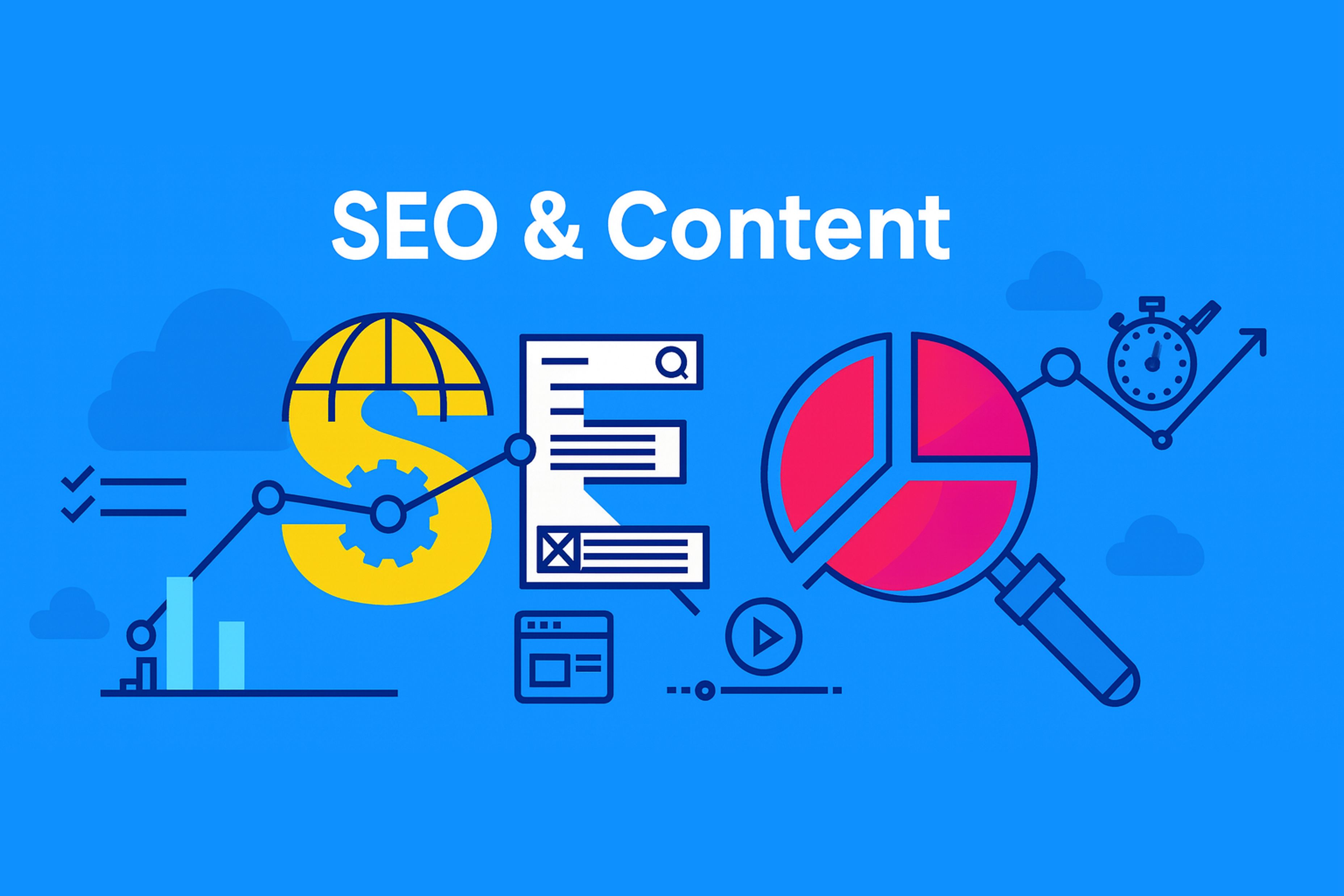 Flat 2D illustration showing SEO and content marketing with charts, graphs, and magnifying glass.