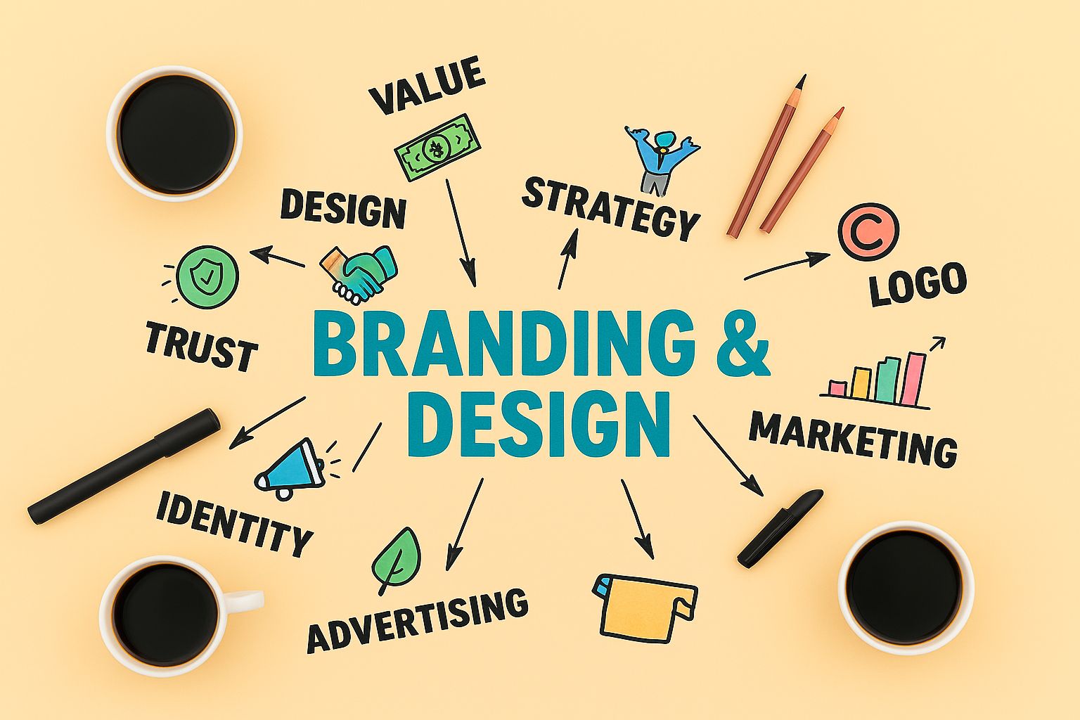 Flat 2D illustration of branding and design elements including logos, strategy, identity, and marketing icons.