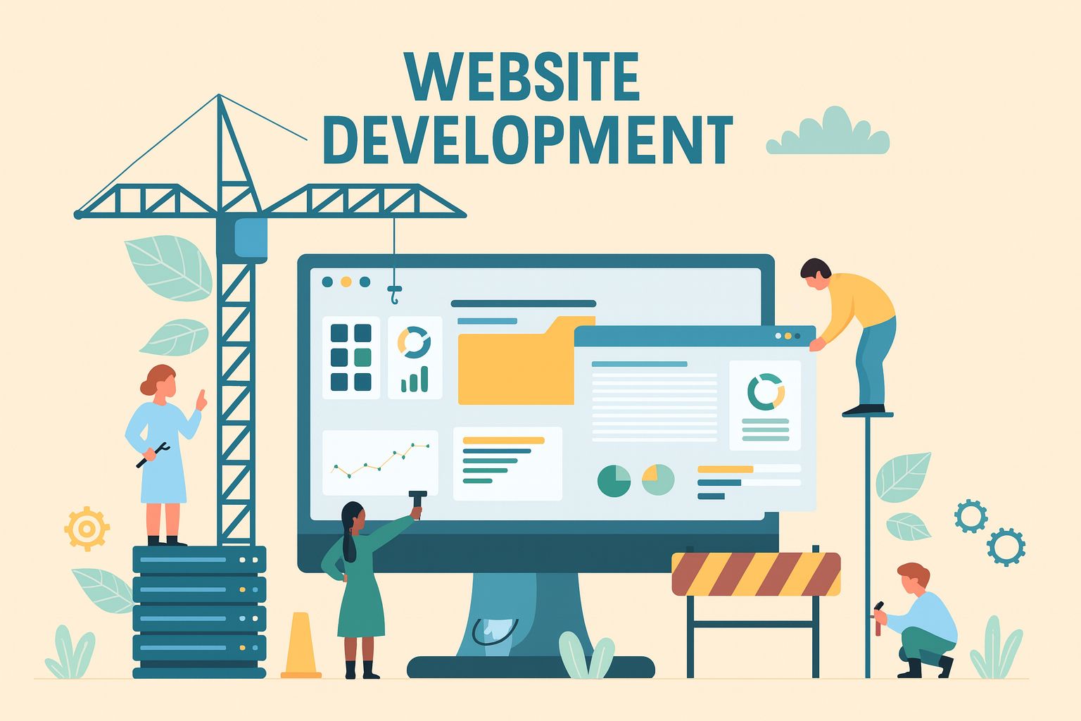 Flat 2D illustration of people building a large website on a computer screen with charts and folders.