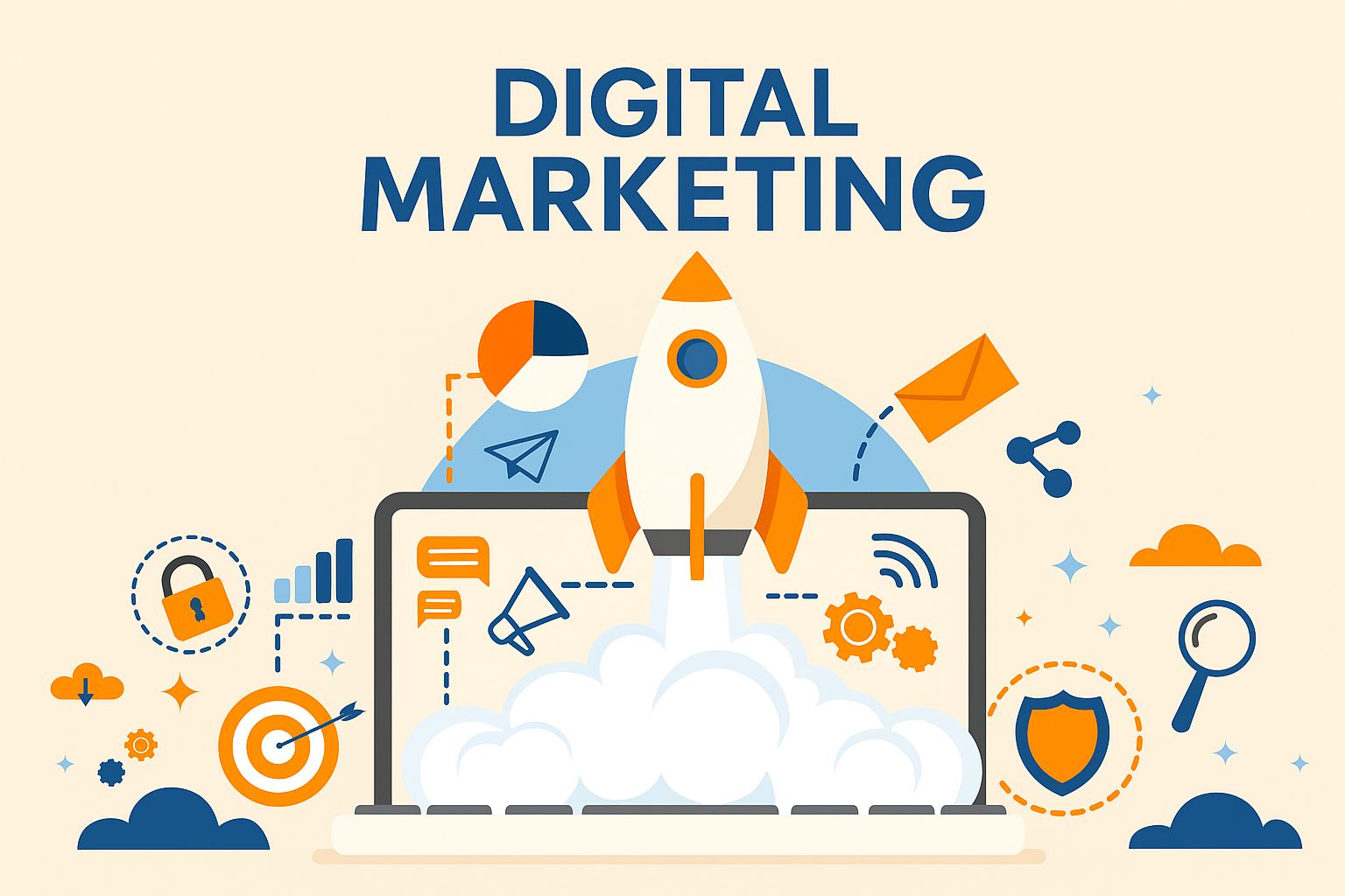 Flat 2D illustration of digital marketing with rocket launch, laptop, charts, and communication icons.
