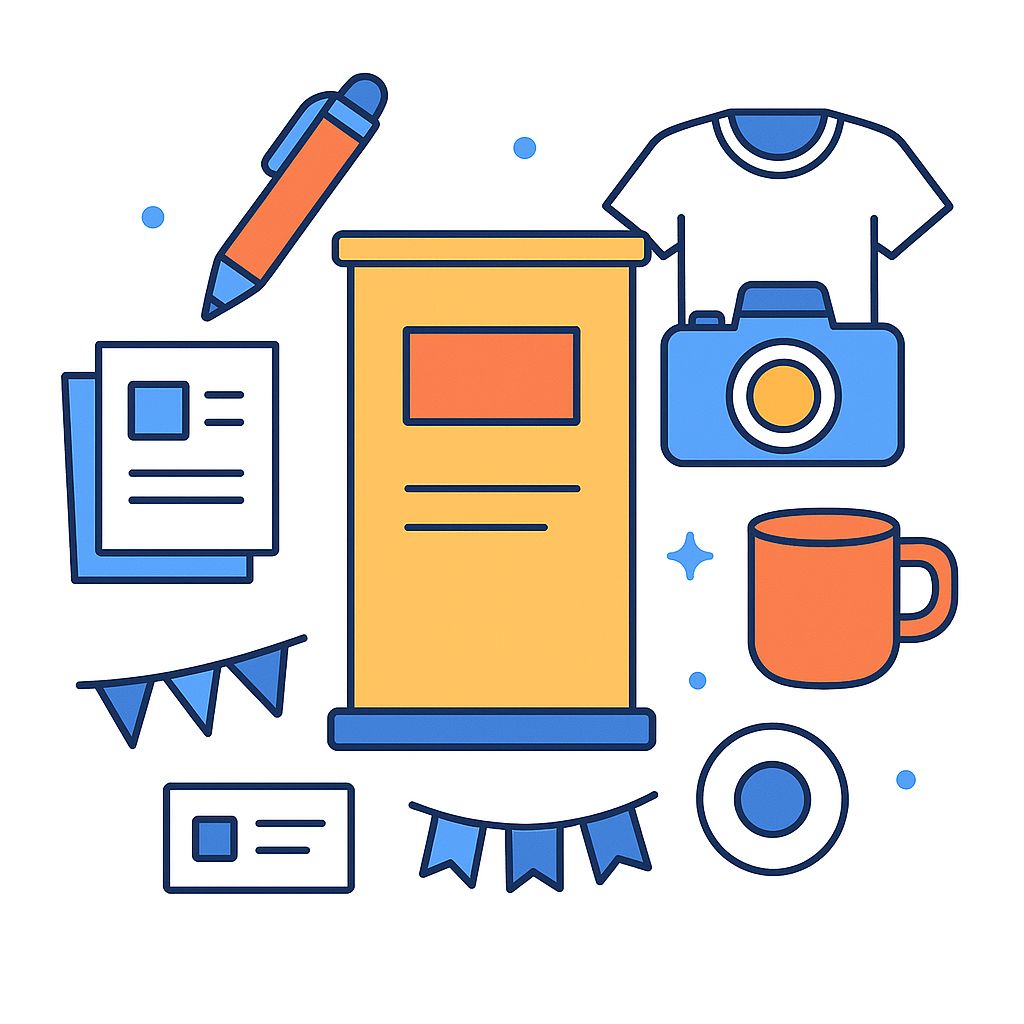 Flat 2D illustration on white background featuring promotional and print items including a pull-up banner, flyers, business card, pen, mug, t-shirt, badge, and decorative flags, representing printing and promotional products.
