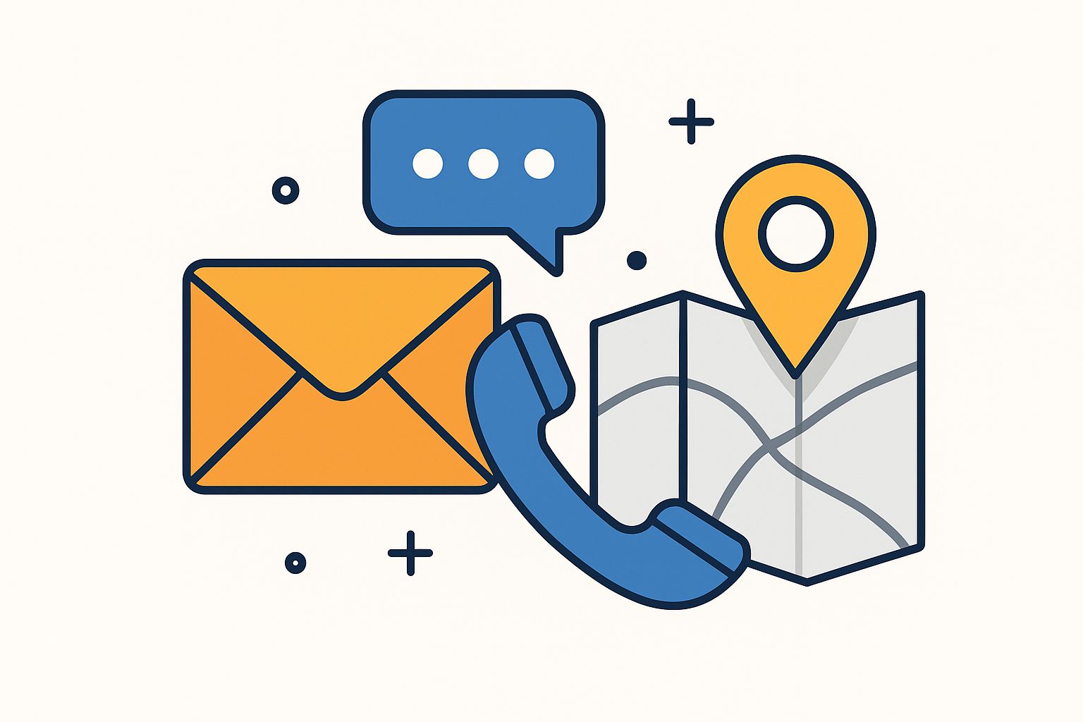 Flat 2D illustration on a white background, showing communication and contact icons including an envelope, phone, chat bubble, and form elements, arranged in a clean landscape layout with no text